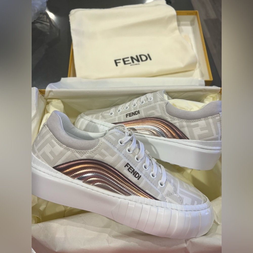Fendi Jacqured Logo Sneaker in size 9B (39) Beige